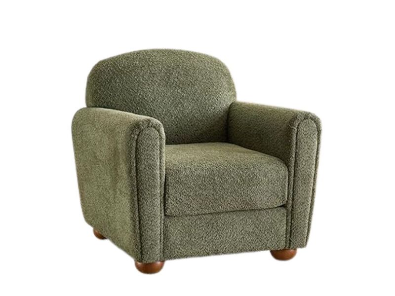 Accent Chair &ndash; Olive Green Boucl&eacute; Armchair with Rounded Wooden Legs & Soft Cushion image number 0