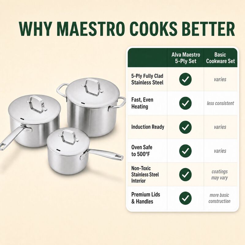 Alva Maestro 5-Ply Fully Clad Stainless Steel Saucepan & Stock Pot Set, 3-Piece image number 4