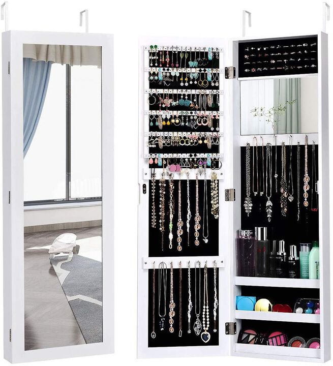 Full Length Mirror Jewelry Cabinet with Ring Slots and Necklace Hooks