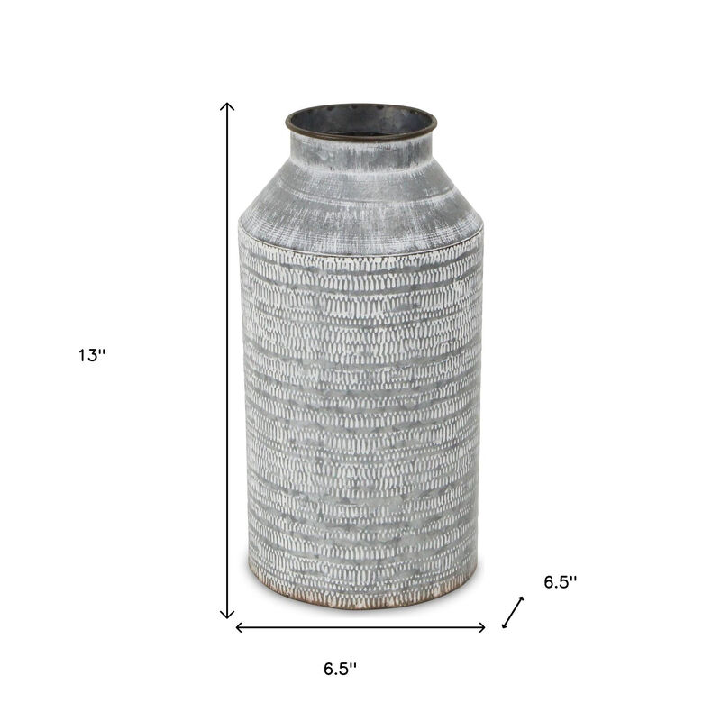 HomeRoots 13" Gray Galvanized Metal Geometric Patterned Jug Vase image number 4