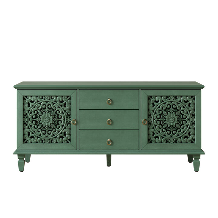 Farmhouse TV Stand with Hollow Carved Doors, Vintage Sideboard Buffet Storage Cabinet, Retro Freestanding Console Table