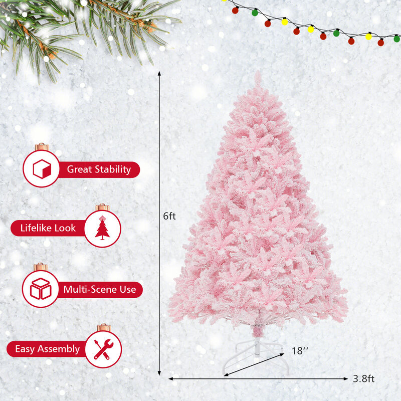 Flocked Artificial Xmas Tree Hinged with 350 LED Lights for Snowy, Bright Holiday Decor