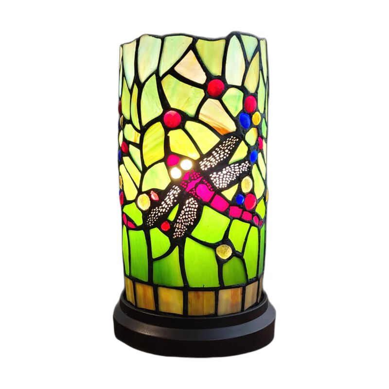 Hivvago 11" Green and Pink Dragonfly Stained Glass Accent Lamp