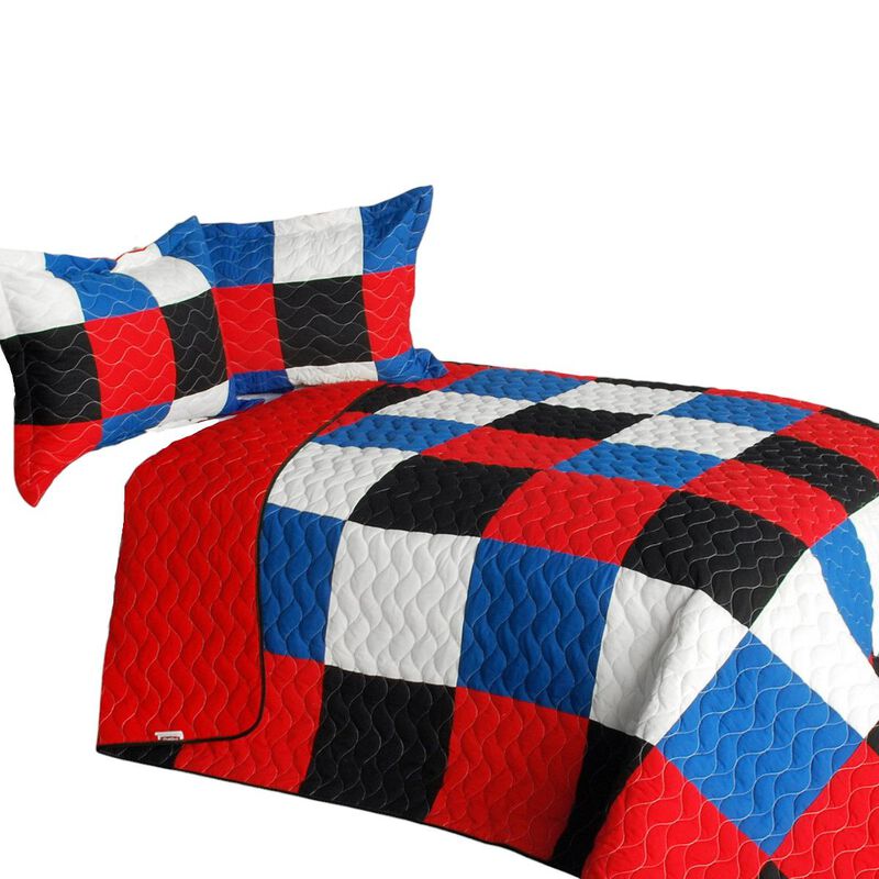 Soft Queen Size Quilt Set with Vermicelli Quilted Patchwork Plaid Design-Red image number 1