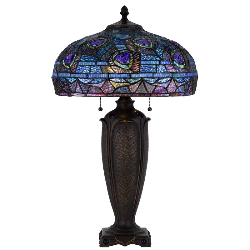 Table Lamp with Pull Chain, Blue Tiffany Stained Glass, 26 Inch Dark Bronze image number 0