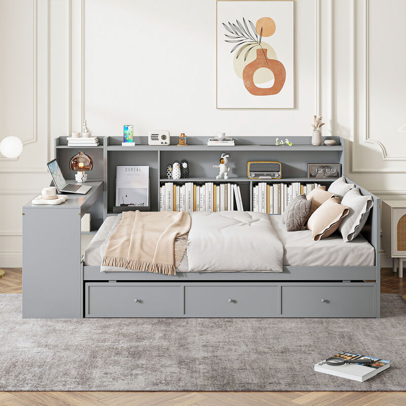 Merax Multifunctional Pine Daybed with Desk & Storage image number 3