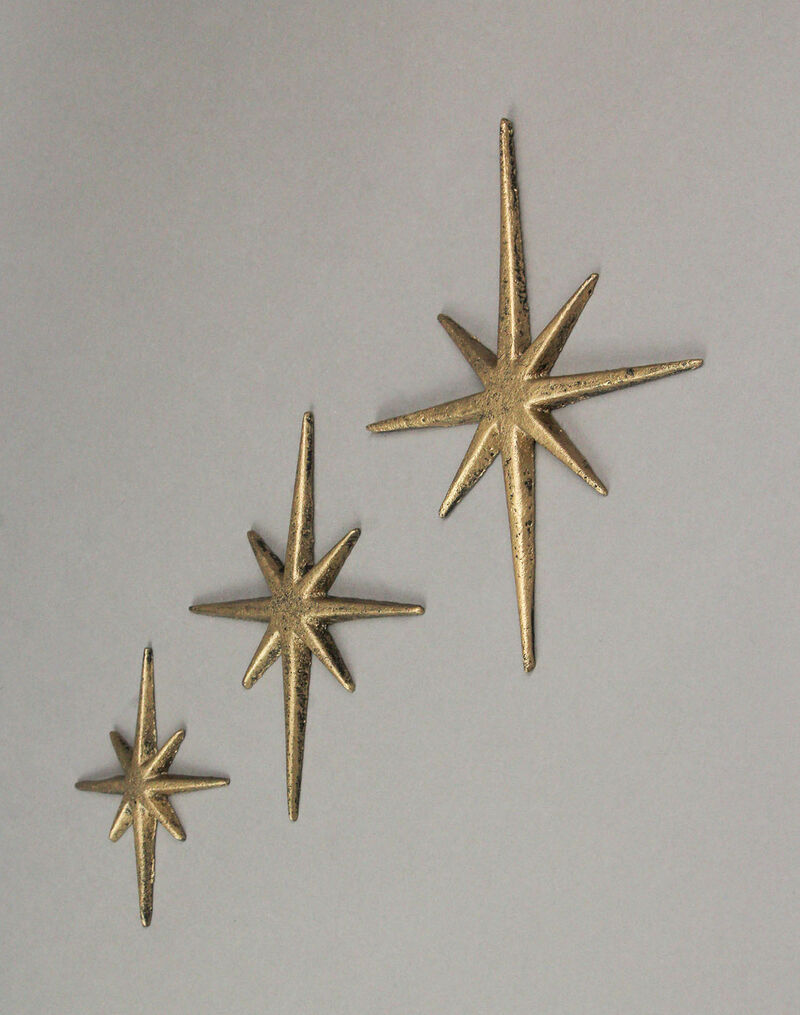 Set of 3 Gold Cast Iron 8 Pointed Starburst Wall Hangings Mid Century Stars image number 2