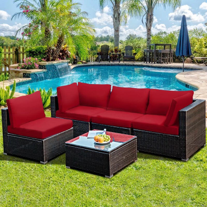 Mondawe 5 Pieces Cushioned Patio Rattan Furniture Set with Glass Table