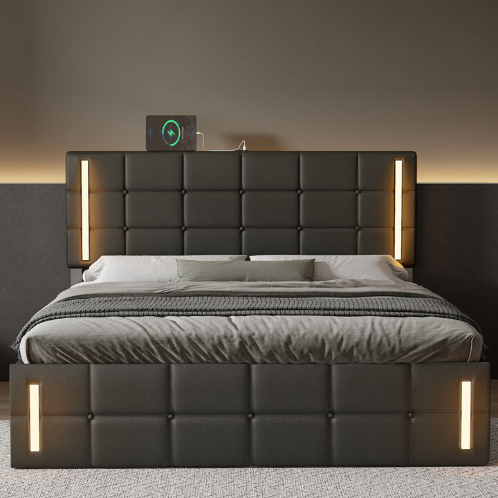 Queen Size Upholstered Bed with LED Lights, Hydraulic Storage System and USB Charging Station, Black