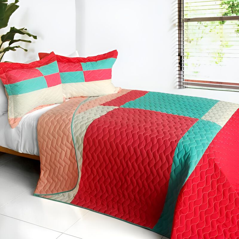 Reversible Patchwork Quilt Set 3 Piece with Vermicelli Quilted Stitching-Red image number 0