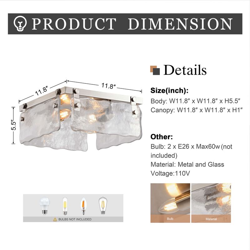 Emma 11.8" 2-light Hand Crafted Glass Square Flush Mount - Satin Nickel image number 2