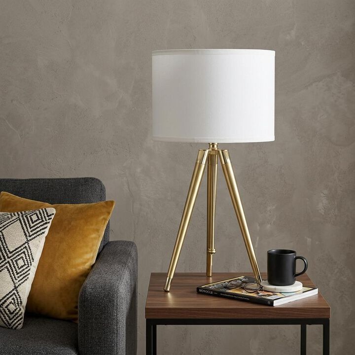 HomeRoots Gold Metal Adjustable Height Tripod Table Lamp With White Drum Shade