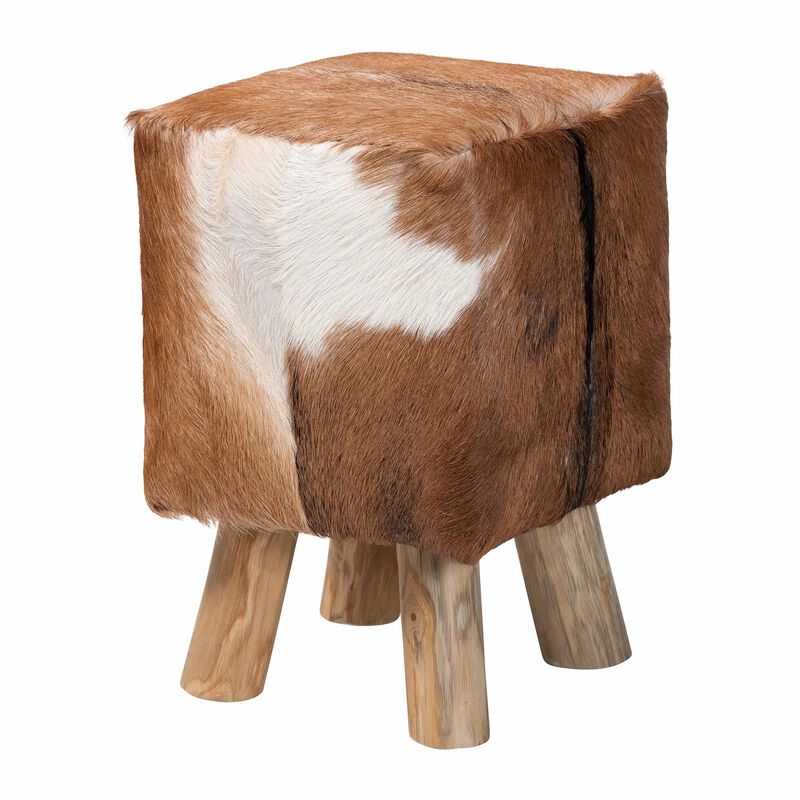 bali & pari Scotlyn Genuine Goat Leather Footstool with Teak Wood Legs - Rustic Boho Accent Seat with Natural Hide Upholstery, Handmade Decorative Footrest for Living Room or Bedroom