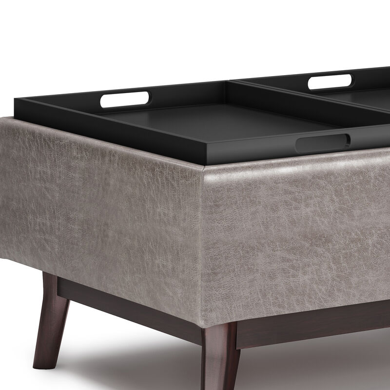 Owen Tray Top Small Coffee Table Storage Ottoman in Distressed Grey Faux Leather