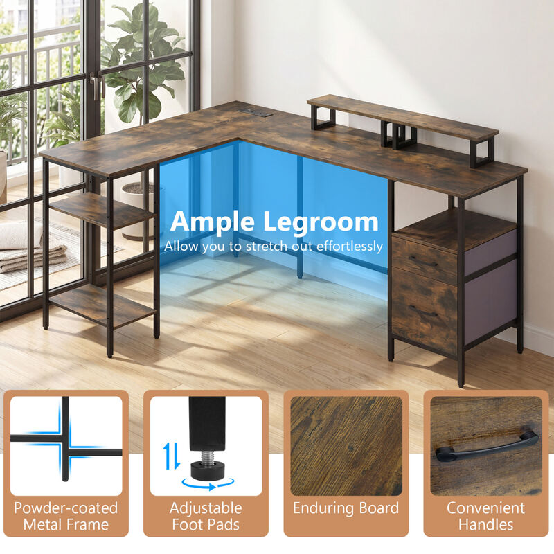 Reversible L Shaped Office Desk with Built-in Power Outlet and Monitor Shelf Workstation-Rustic Brown image number 5