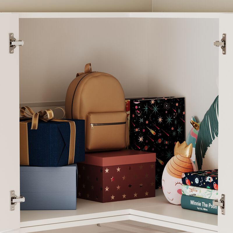 FUFU&GAGA Modern White L-Shaped Wardrobe with Large Storage, Doors & Top Cabinets with Golden Handles, Drawers, PB with Laminate Finish (35.4 in. W x 35.4 in. D x 94.5 in. H)