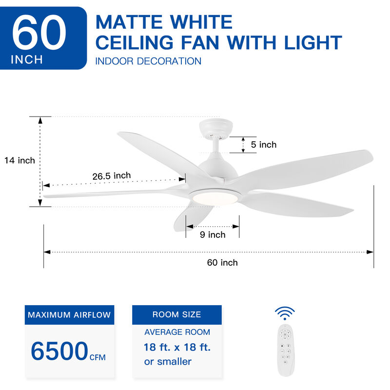 60 Inch Modern LED Ceiling Fan with Light - White ABS Blades, 6-Speed Reversible Fan image number 3