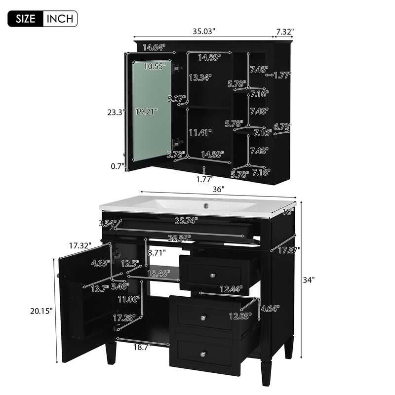 36'' Single Sink Bathroom Vanity with  Mirror cabinet