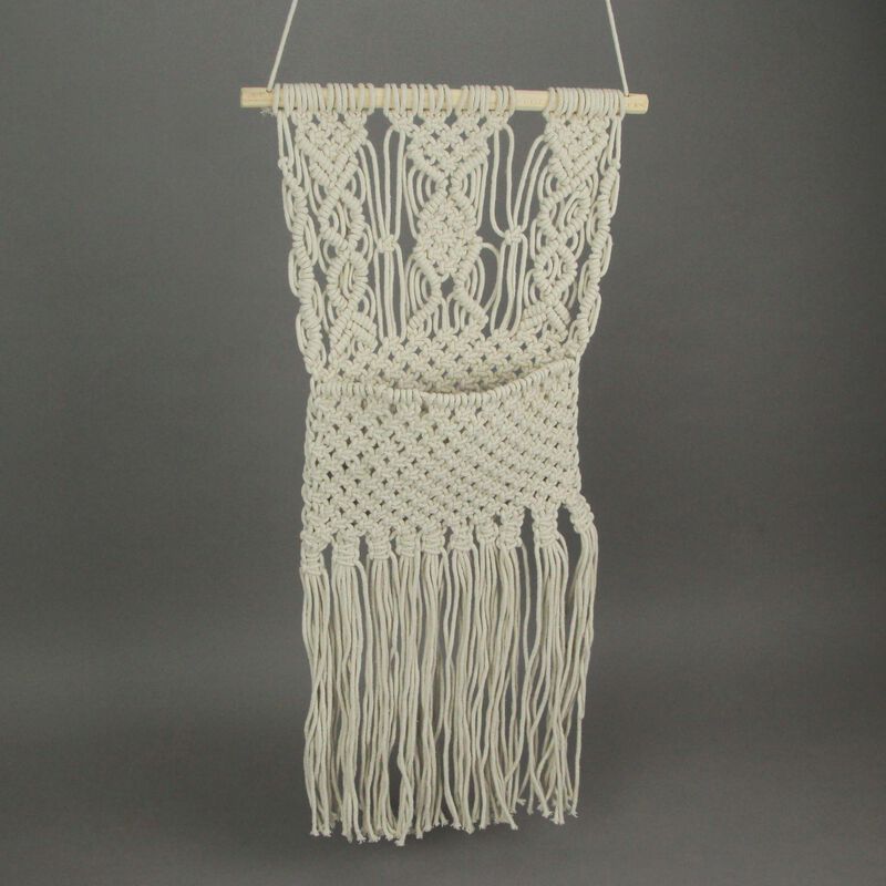 Hand Tied Macrame Bohemian Style Wall Pocket 27 Inches High Boho Decor image number 3