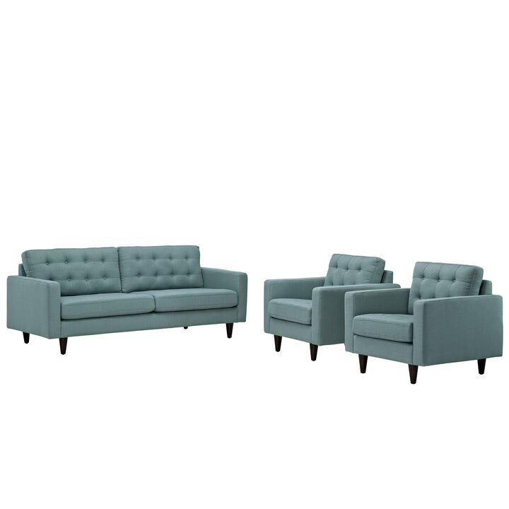 Modway Empress Mid-Century Modern Upholstered Fabric Sofa and Two Armchair Set in Laguna