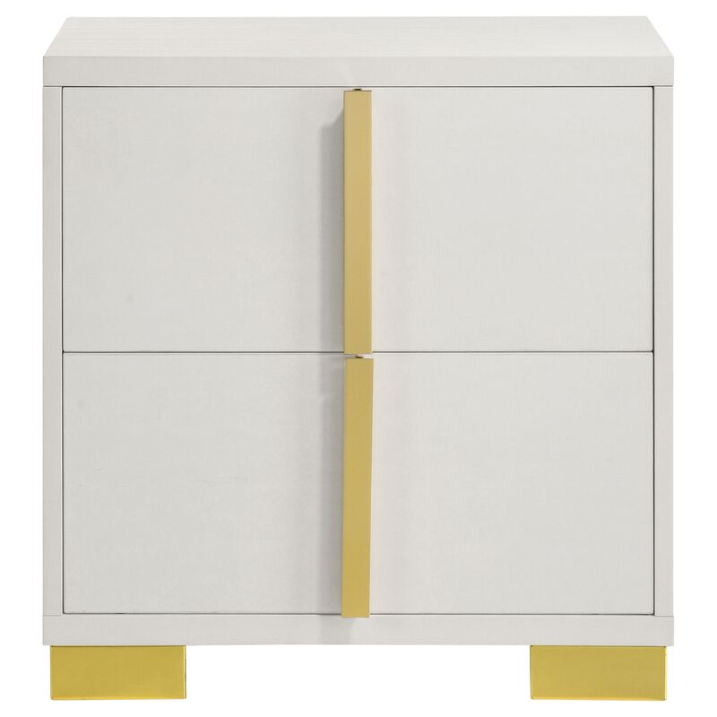 Dex 22 Inch Nightstand, 2 Drawers with Long Vertical Gold Handles, White - Benzara