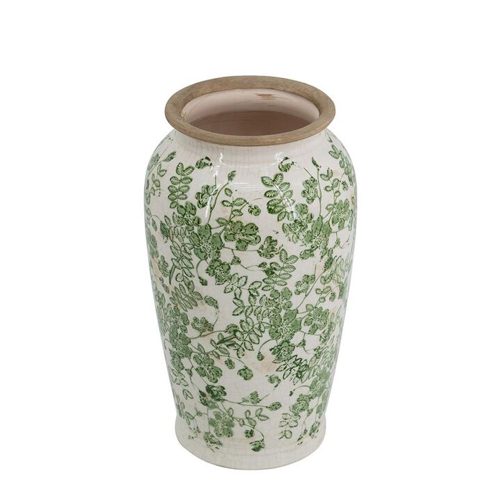 HomeRoots 12" Green And White Leaf Ceramic Round Table Vase