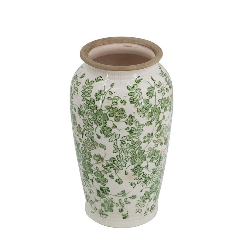 HomeRoots 12" Green And White Leaf Ceramic Round Table Vase image number 0