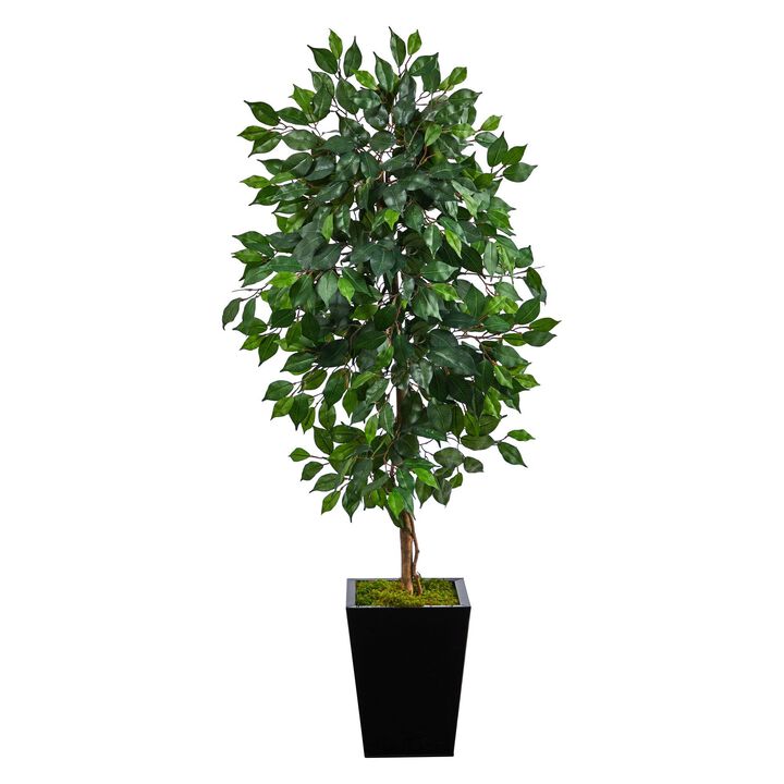 Nearly Natural 5-ft Ficus Artificial Tree in Black Metal Planter