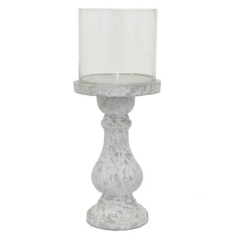 Kris Candle Holder with Hurricane Glass Top, White Gray Ceramic 7 Inch - Benzara