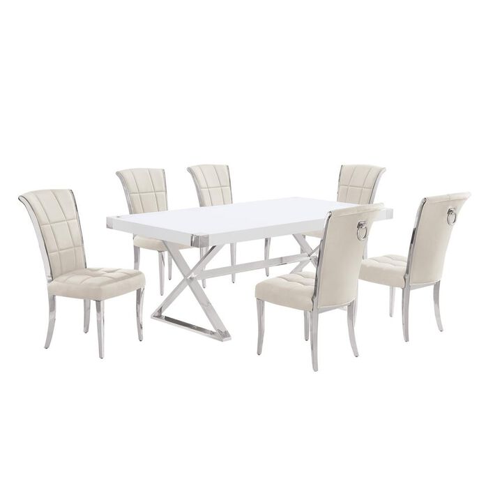 Best Quality Furniture 7pc Small(78) white wood top dining set with silver base and 6 chairs