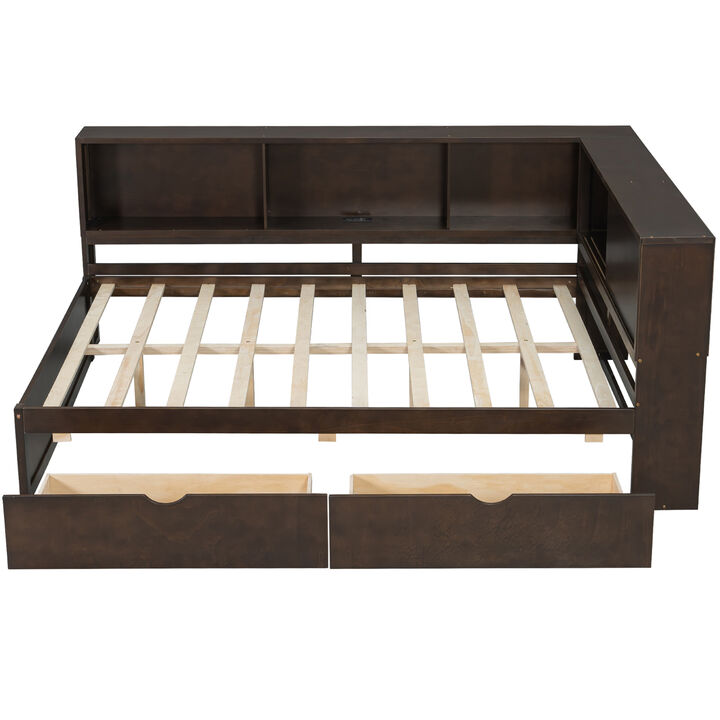 Merax Wooden Queen Daybed with Storage Shelves, LED Light Strip, USB