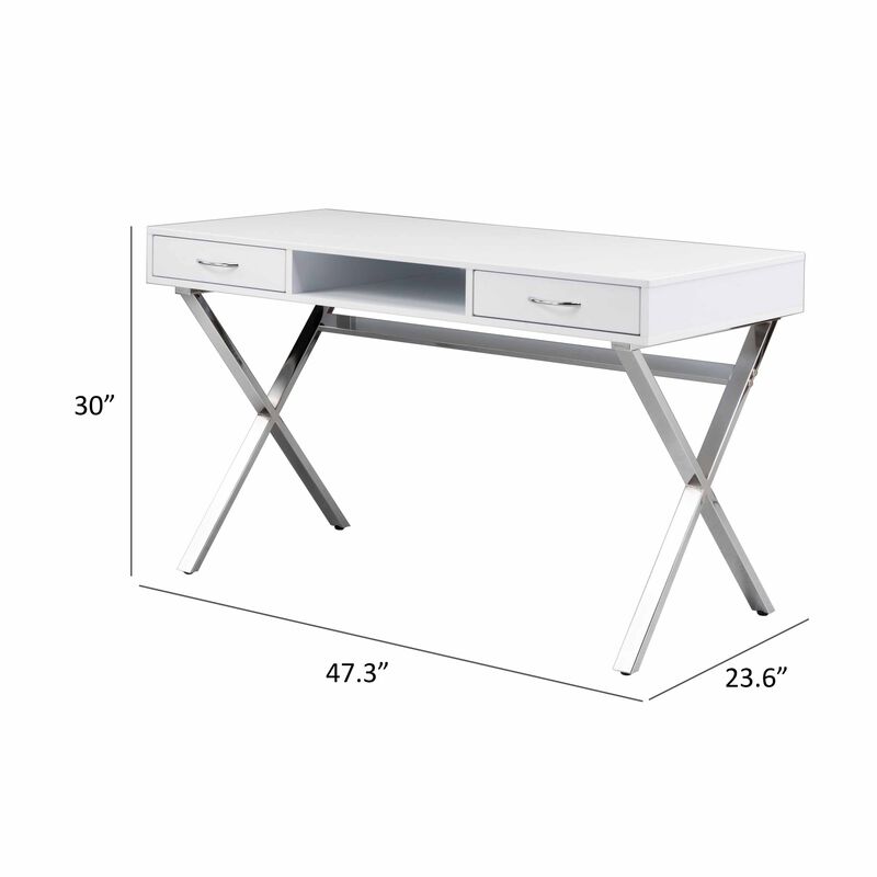 Gracie 47 Inch Desk, White Rectangular Top, 2 Drawers, Chrome Metal Legs - Benzara