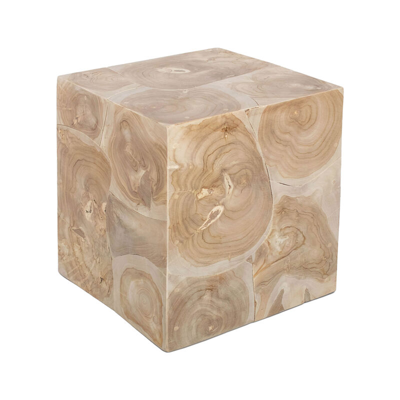 Sira Mosaic Side End Table, Hand Oiled Natural Brown Finish, 20 Inch Solid Teak Wood Slice Cube image number 2