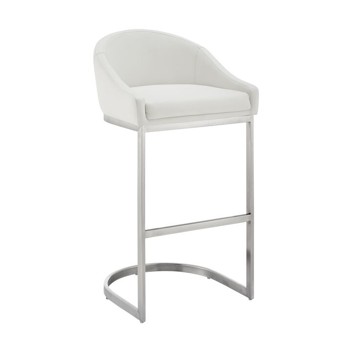 Holo 30 Inch Barstool Chair, L Shaped Cantilever Base, White Faux Leather - Benzara