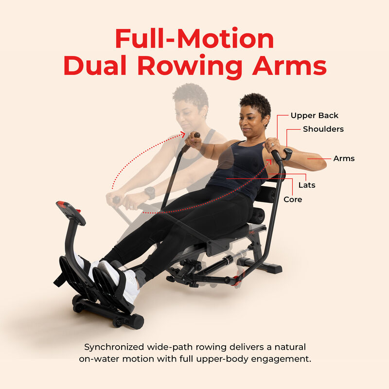 Sunny Health & Fitness 2-in-1 Smart Full Motion Rowing Machine with Core Trainer, 12 Resistance Levels & Trainer-Led Workouts via SunnyFit App image number 3
