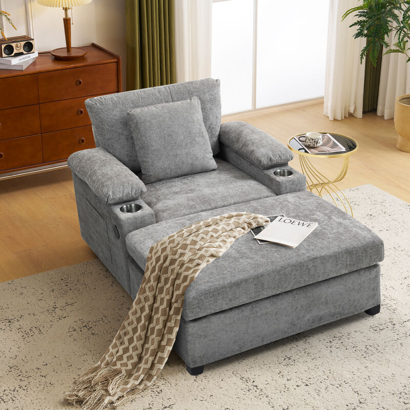 Merax Modern Oversized Chenille Fabric Chair with Ottoman & Sofa Bed Function