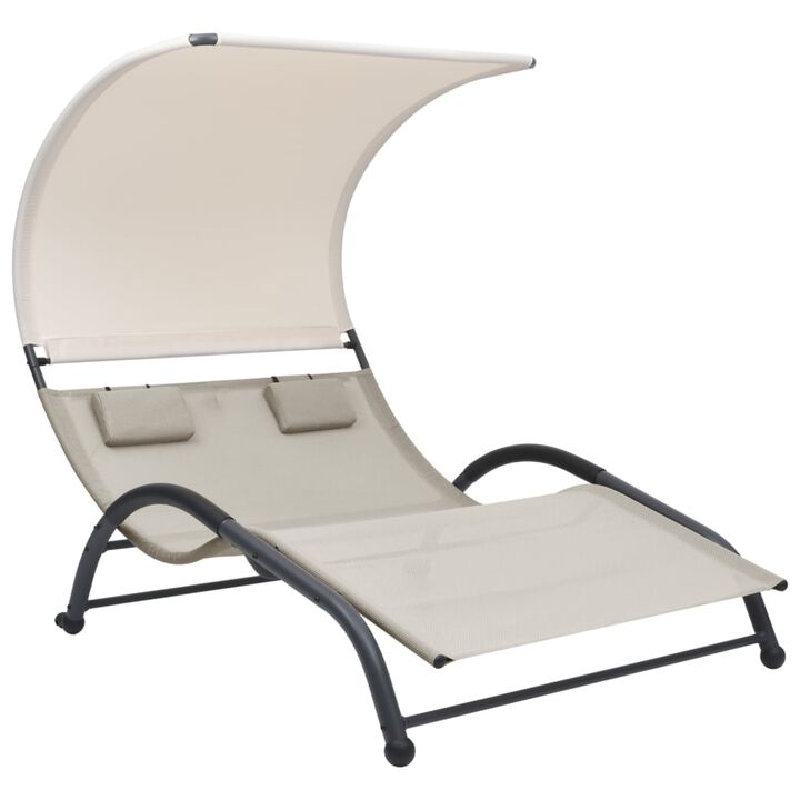 vidaXL Double Sun Lounger with UV-Protective Canopy, Breathable Textilene Fabric and Robust Steel Frame, Cream Color, Indoor/Outdoor Sunbed with Pillows
