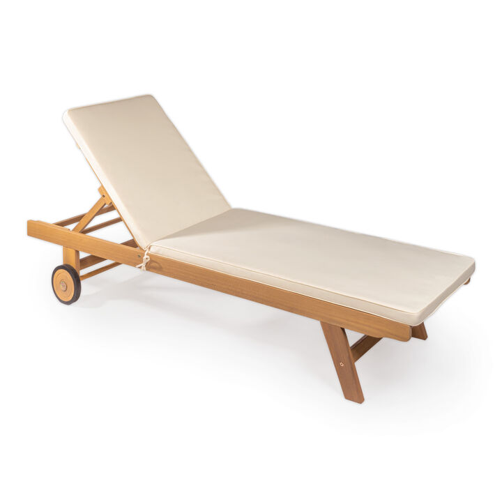 Mallorca 77.56"x23.62" Modern Classic Adjustable Acacia Wood Chaise Outdoor Lounge Chair with Cushion & Wheels, Orange/Natural