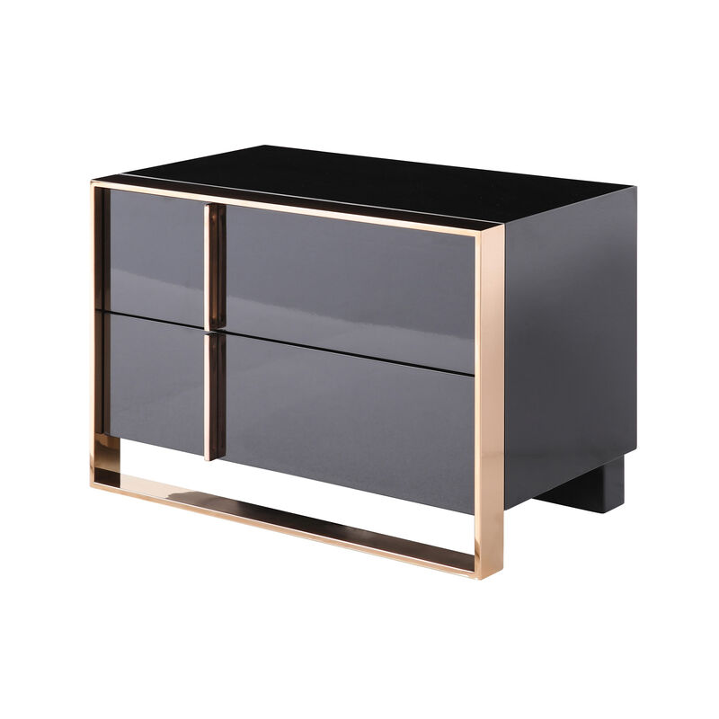 Caer Nightstand, 2 Drawers, Modern Rose Gold Stainless Steel, Black - Benzara