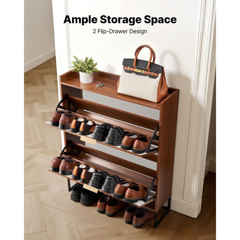 Mid-Century 2-Drawer Shoe Cabinet with Anti-Tip, Freestanding Walnut Shoe Rack image number 6