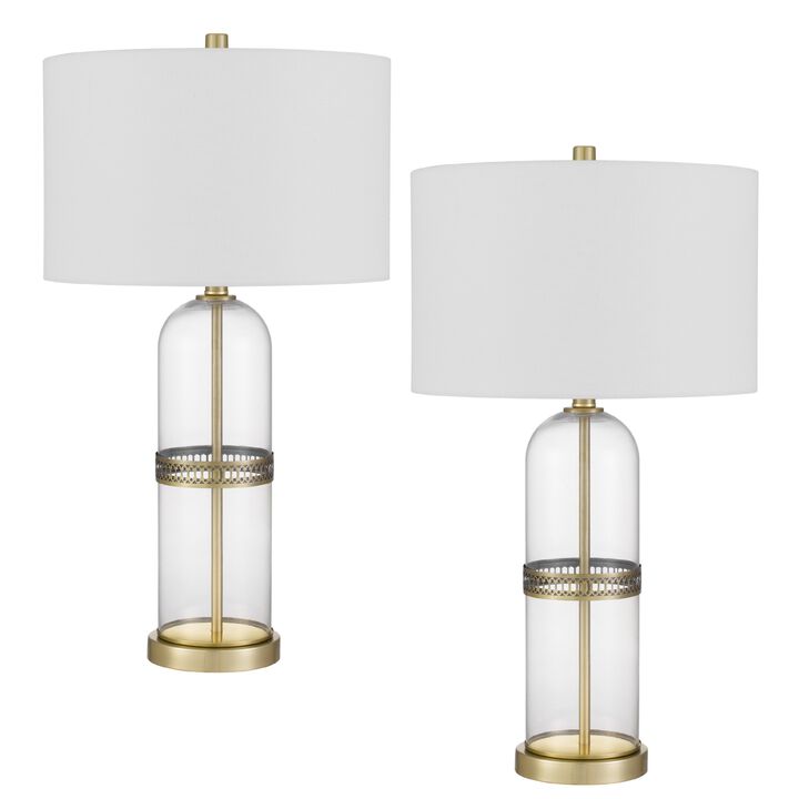 Table Lamp Set of 2, Glass Dome  Body, Off White Shade, Antique Brass