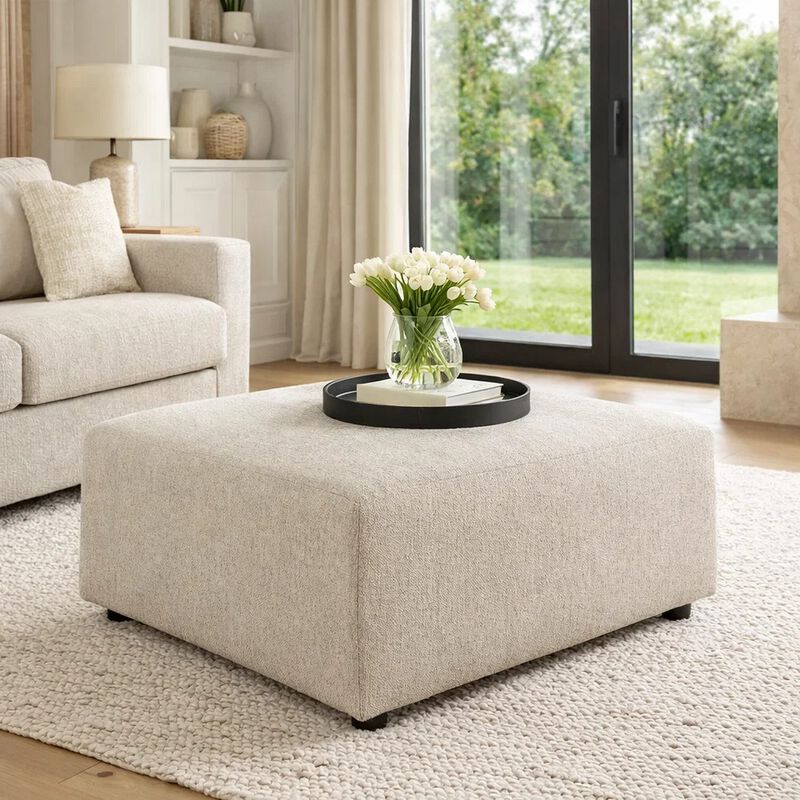Felo Square Accent Ottoman, 39 Inch Modern Beige Polyester Cushioned image number 1