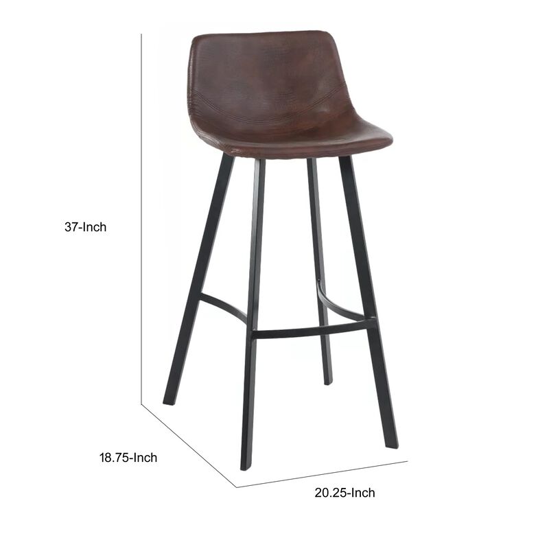 Barstool Chair Set of 2, Curved Seat, Black Steel, Brown Faux Leather - Benzara