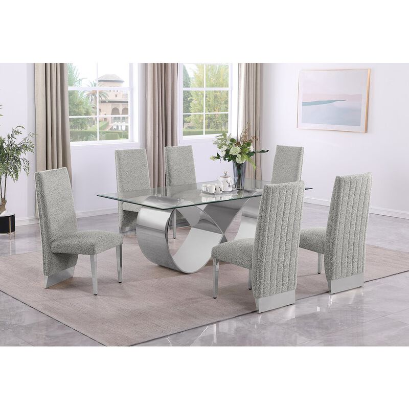 Best Quality Furniture 7Pc Tempered Glass Dining Set 6 Rich Gray Boucle Side Chairs And A Silver Base