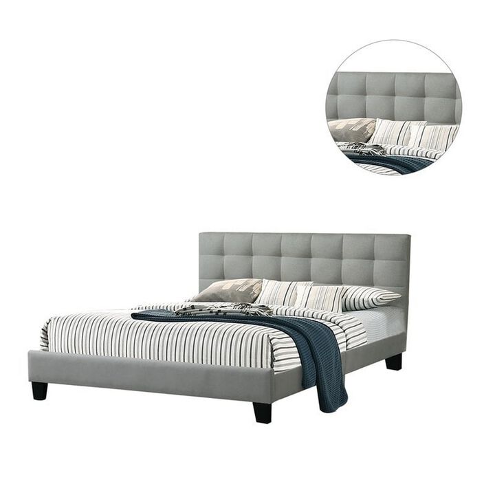 Eve Platform King Size Bed, Vertical Channel Tufted Light Gray Upholstery - Benzara