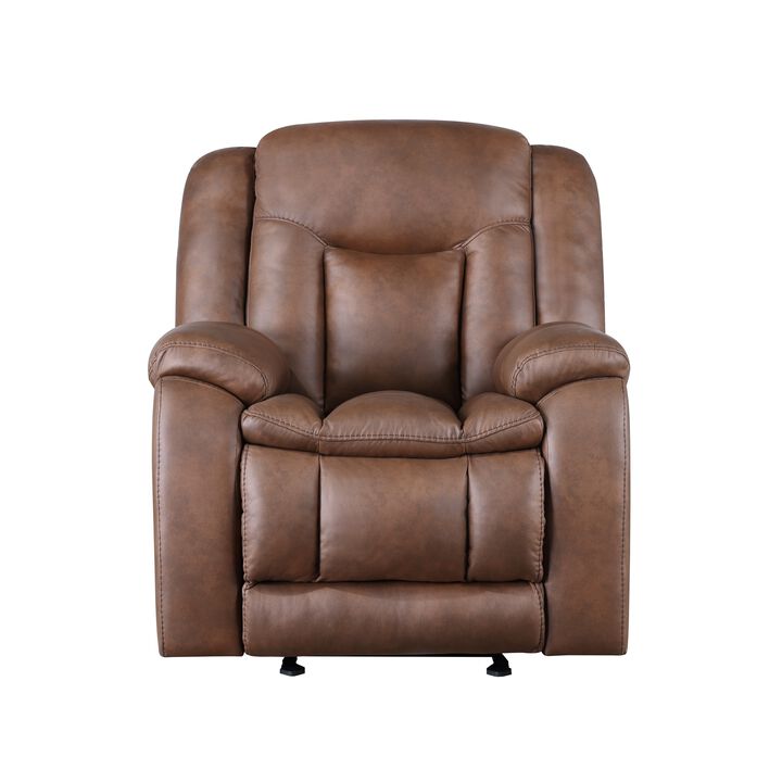Olaf Power Recliner Chair, Chaise Footrest, Saddle Brown Faux Leather - Benzara