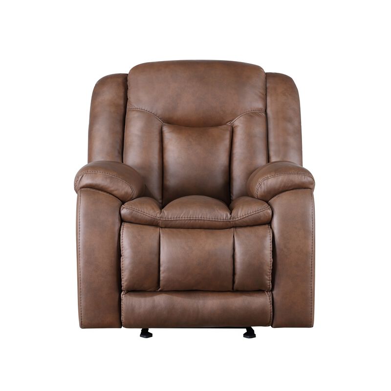Olaf Power Recliner Chair, Chaise Footrest, Saddle Brown Faux Leather - Benzara image number 1