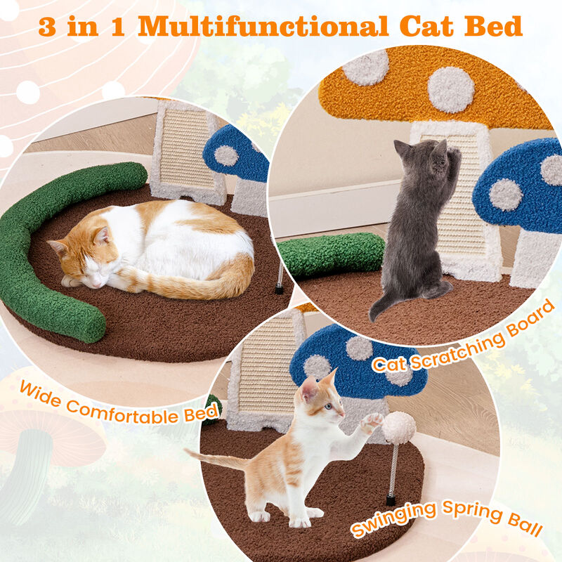 Mushroom Cat Bed Cat Claw Scratcher with Wide Bed and Sisal Scratch Panel