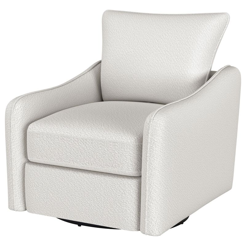 Adia Swivel Glider Chair, Sloped Arms, Plush Vanilla Ivory Boucle - Benzara