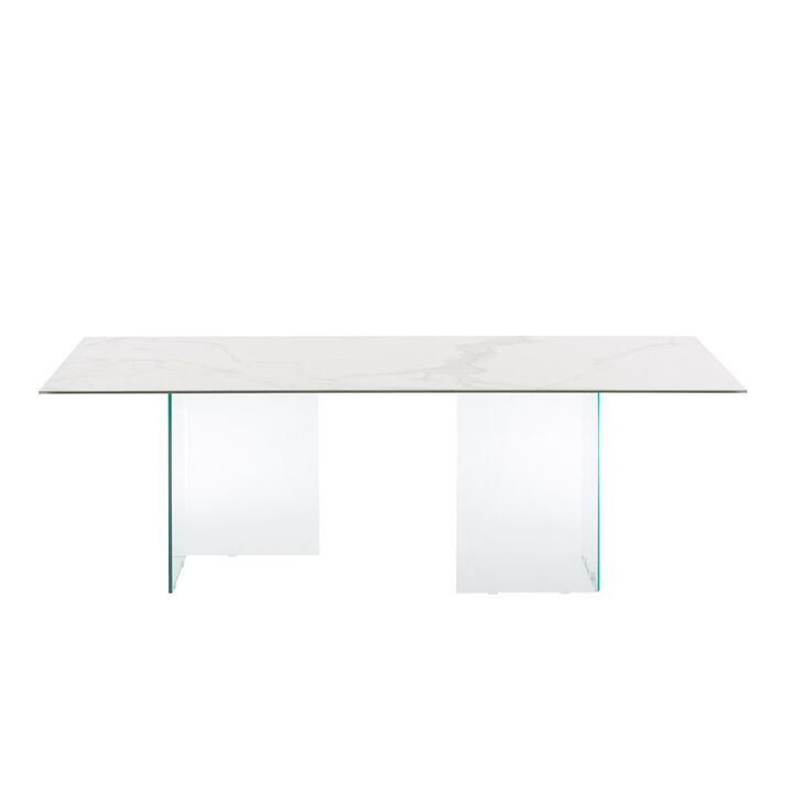 Casabianca Home Miami Dining Table With Clear Base And White Marbled Porcelain Top